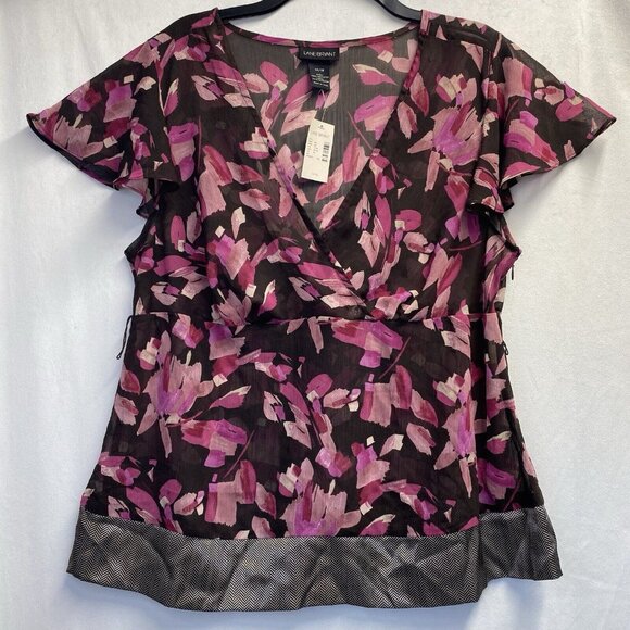 Lane Bryant Sheer V-Neck Short Flutter Sleeve Blouse Women Sz 14/16 Brown Floral - Picture 1 of 13